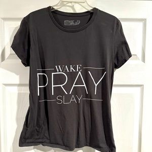 Wake-Pray-Slay Women’s Medium Grey and White Shirt